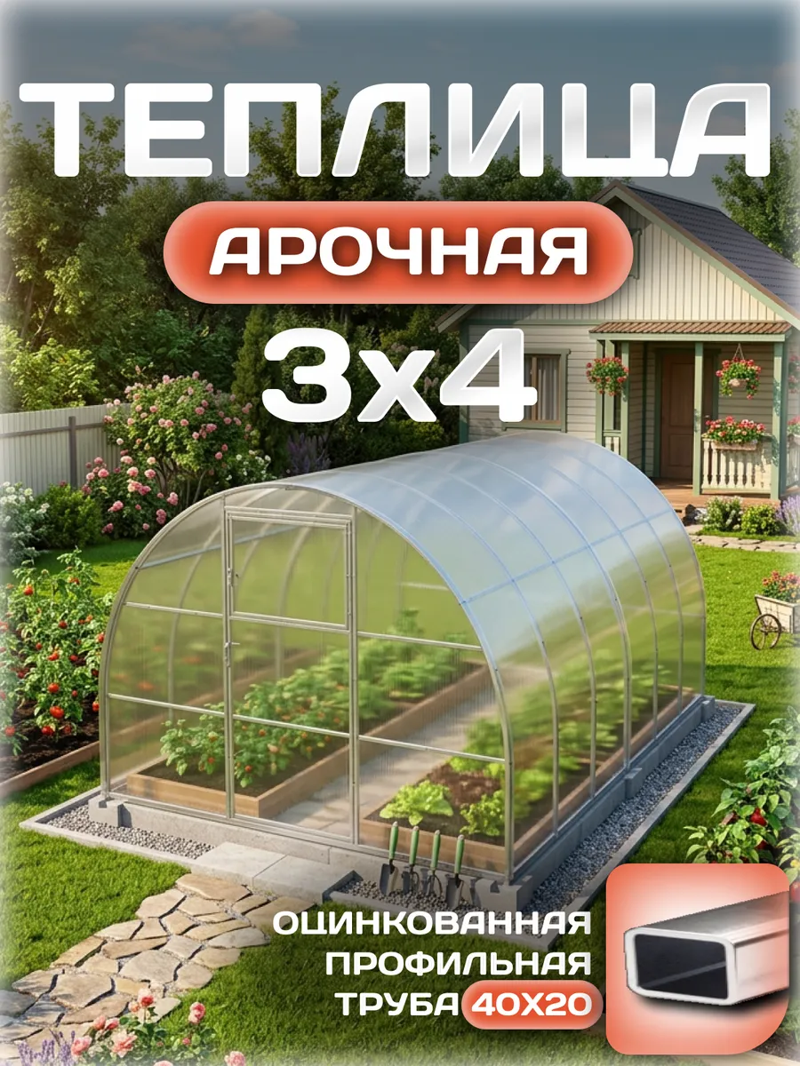 Теплица арочная 3х4 м, каркас 40х20, шаг дуг 0.65 м усиленная с поликарбонатом 4 мм 0,60 кг/м²